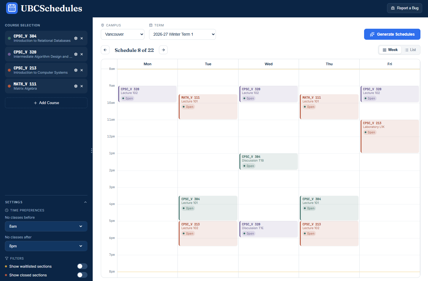 UBC Schedules example calendar preview